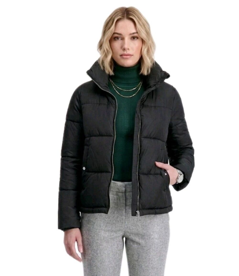 Hudson Women's Short Puffer Jacket Packable Stand Collar Midweight Black Size L